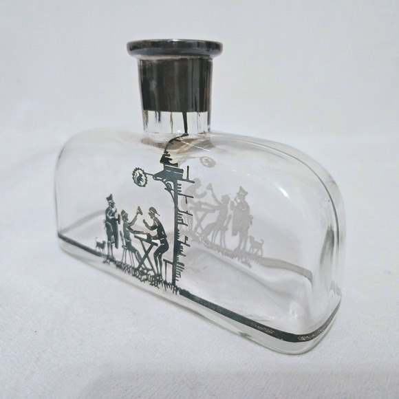 Vintage STERLING SILVER Overlay Glass Decanter Bottle Playful Scene Front/Back - Picture 9 of 12